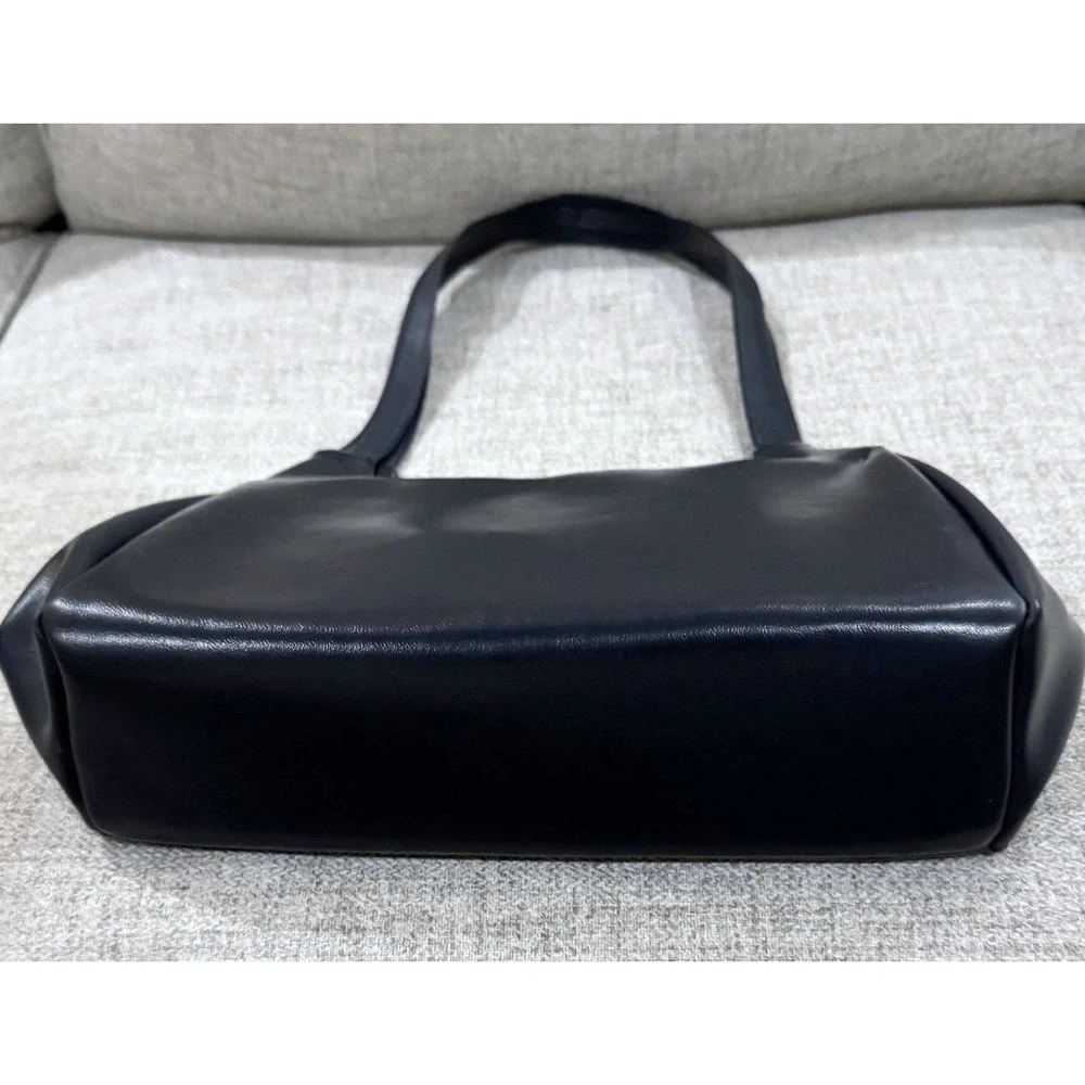 Vintage Navy Blue Faux Leather Shoulder Bag Gold Tone Minimalist